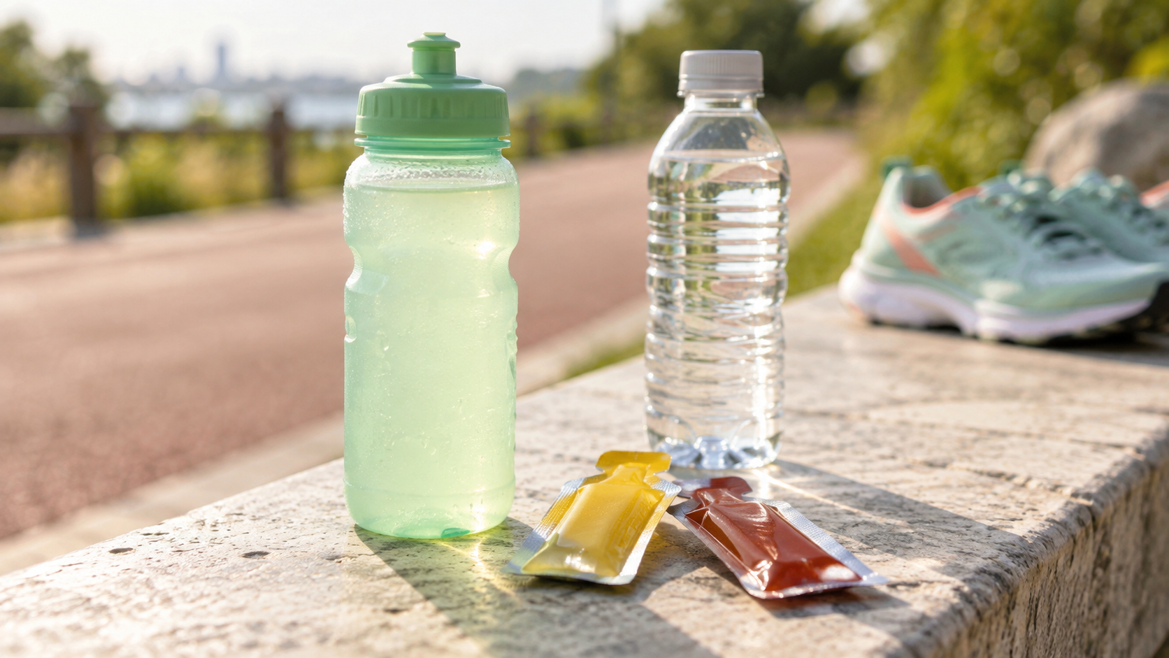 Bebida deportiva, botella de agua y geles energéticos junto a unas zapatillas de running.